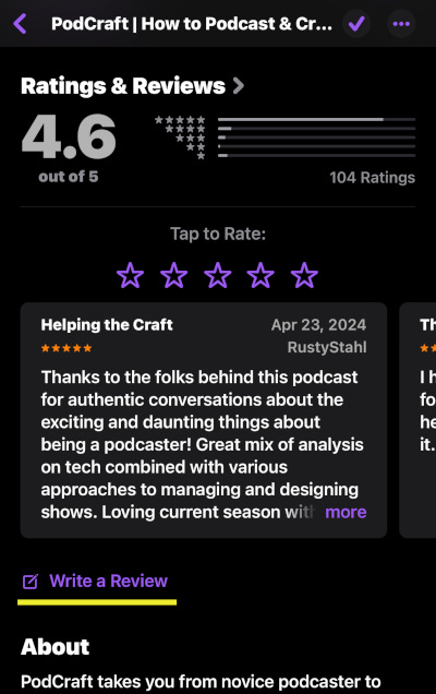 How to Write a Podcast Review on Apple Podcasts: Scroll down on the show page until you see the reviews. Then you can tap the stars to rate, or click "Write a review."
