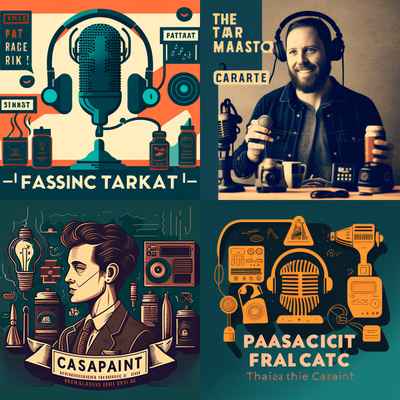 As an AI podcasting tool, Midjourney made four collage podcast logos grouping microphones, headsets, gadgets and bottles, with random text.