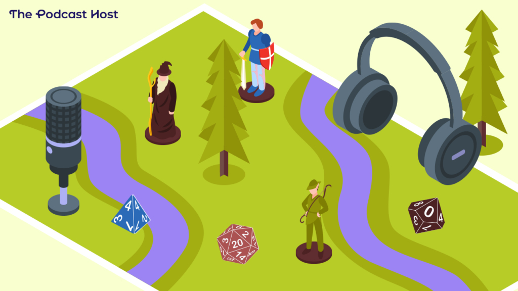 dice, headphones, miniatures, and mic for actual play podcast