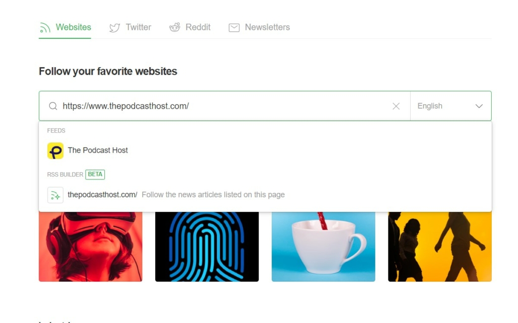 searching for a website in Feedly