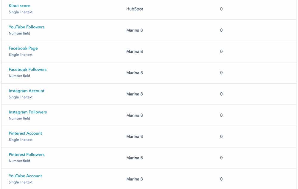 Creating properties in the HubSpot system for collecting a social media information about a podcast guest