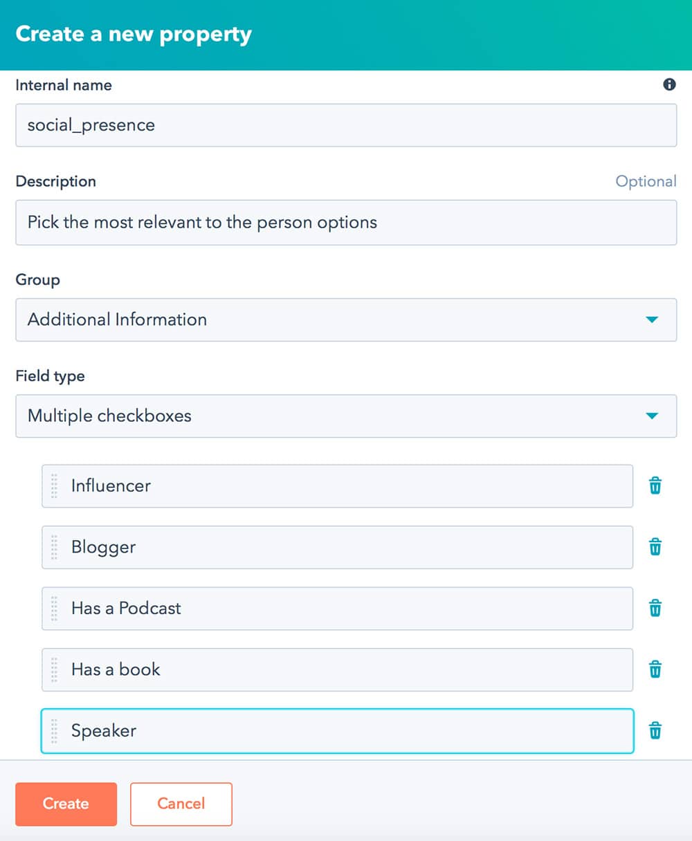 Creating properties in the HubSpot system for collecting an information about a podcast guest