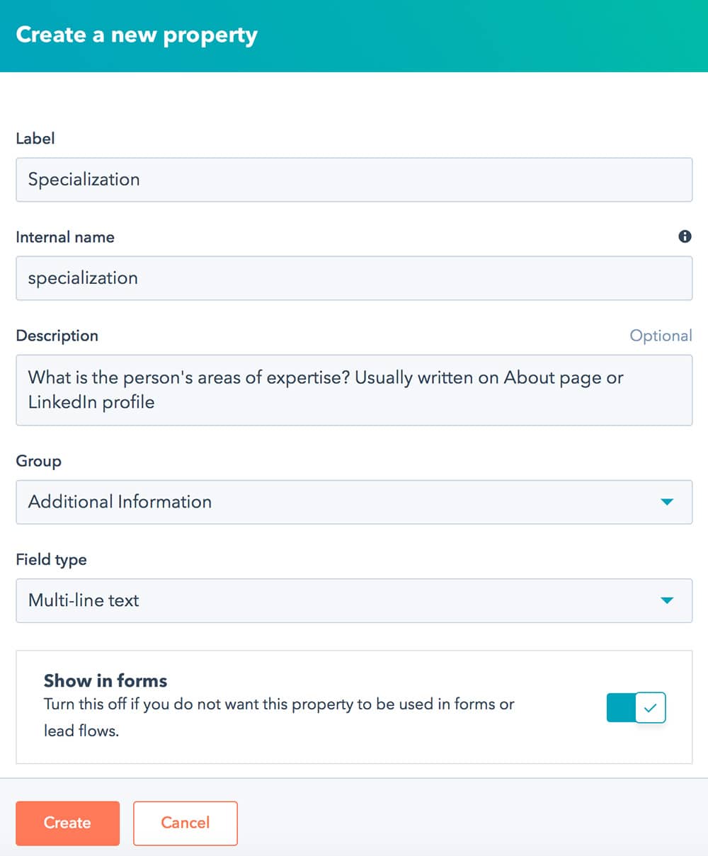 Creating properties in the HubSpot system for collecting an information about a podcast guest