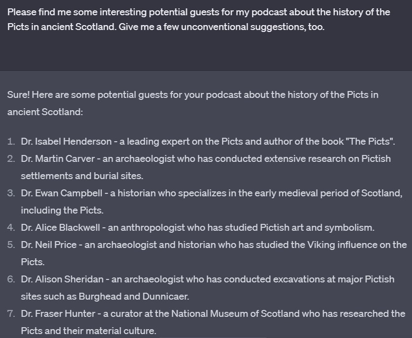 Finding potential podcast guests for pictish history podcast