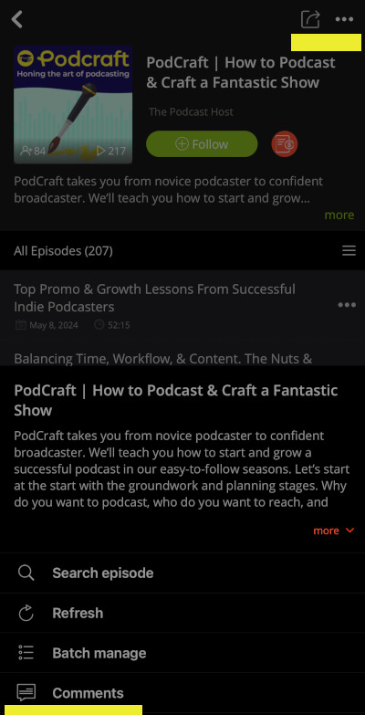 How to Write a Podcast Review on Podbean: Click the three dots in the upper right-hand corner. Then, click "Comments in the sub-menu to read comments or post comments.
