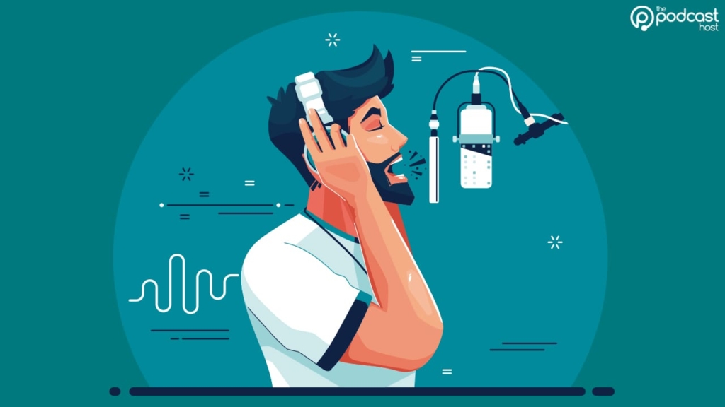 A voice actor recording dialogue at a boom microphone.