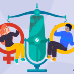 male and female perched on oversized female and male symbols hanging from a set of scales