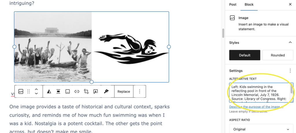 Screenshot of how to enter text into Alternative tags, or alt-tags, in WordPress.