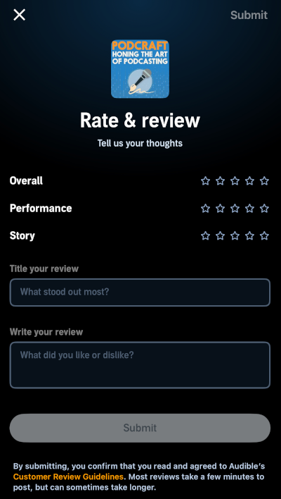 How to Review a Podcast on Audible: The interface resembles Apple Podcasts' review interface, but includes prompts. 