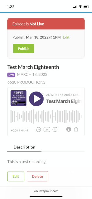 Buzzspout's episode screen for a saved but unpublished episode.