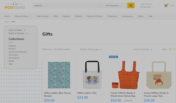 Podswag's storefront allows you to search for podcast merchandise by category, or by show.