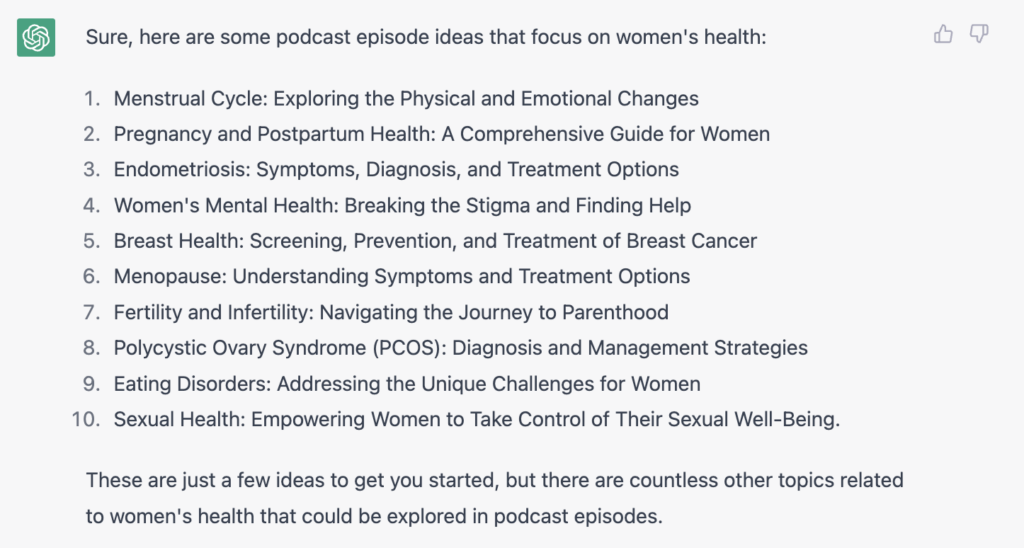 ChatGPT prompt result for podcast episode ideas